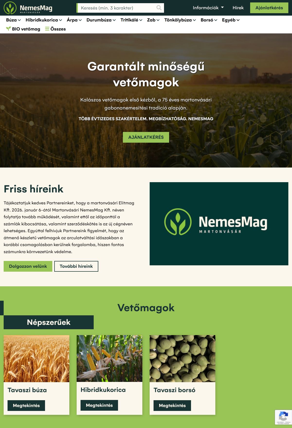 Martonvásári NemesMag Kft. - Komplex oldal | Weboldal készítés előnézet
